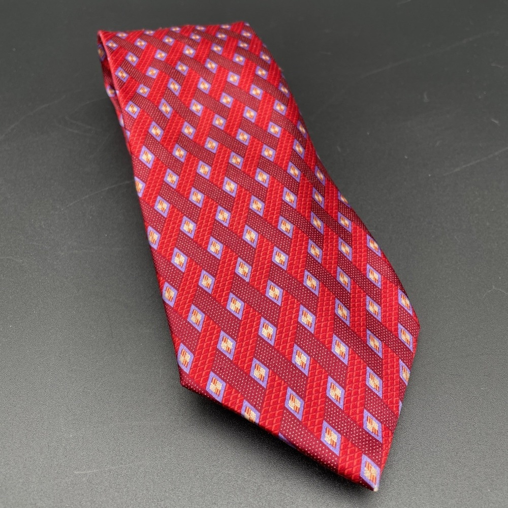 ERMENEGILDO ZEGNA Men's 100% Silk Necktie ITALY Luxury Geometric Red/Gold EUC